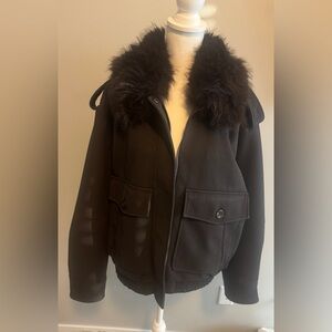 Zara Faux Suede Bomber With Removable Fur Collar Sz Large